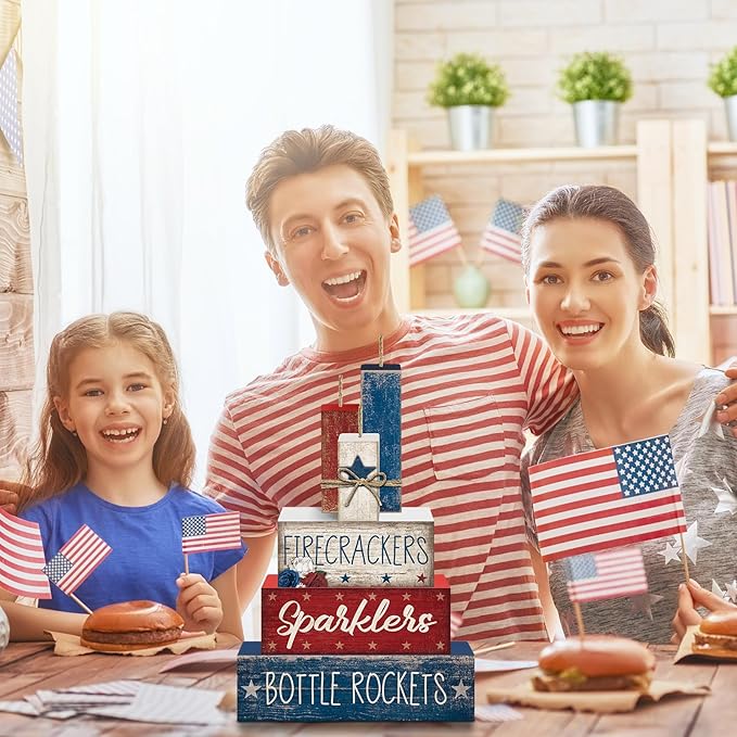 CroBlissful 4 Pcs 4th of July Decorations Patriotic Memorial Day Tabletop Decorations Red White Blue Table Centerpieces Sign for Office Tiered Tray Home Shelf 250th Anniversary(Firecrackers)