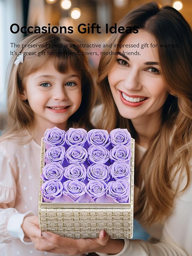 Eterfield Forever Flowers Preserved Roses Real Roses that Last Over a Year Rose Box Gifts for Her Mothers Day Valentines Day Christmas (Square Gold White Plaid Box, 16 Light Purple Roses)