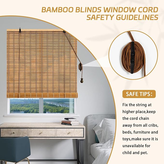 Natural Bamboo Window Blinds Roll Up Light Filtering UV Protection Shades for Indoor Windows 30Wx72L Easy to Install for Home and Office