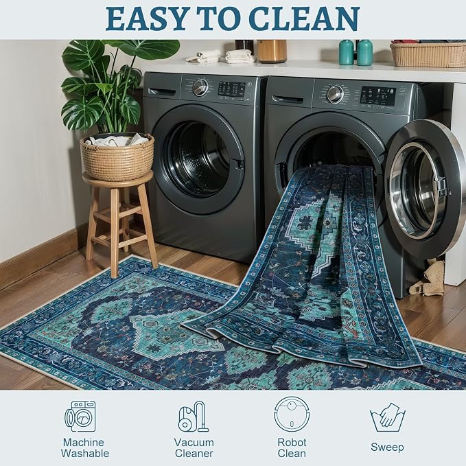 Tangsoo Vintage 4X6 Washable Area Rug, Teal Oriental Indoor for Living Room, Non Slip Machine Washable Large Tumble Rugs, Soft Print Carpet for Bedroom Dining Room Dorm Office Home Decor