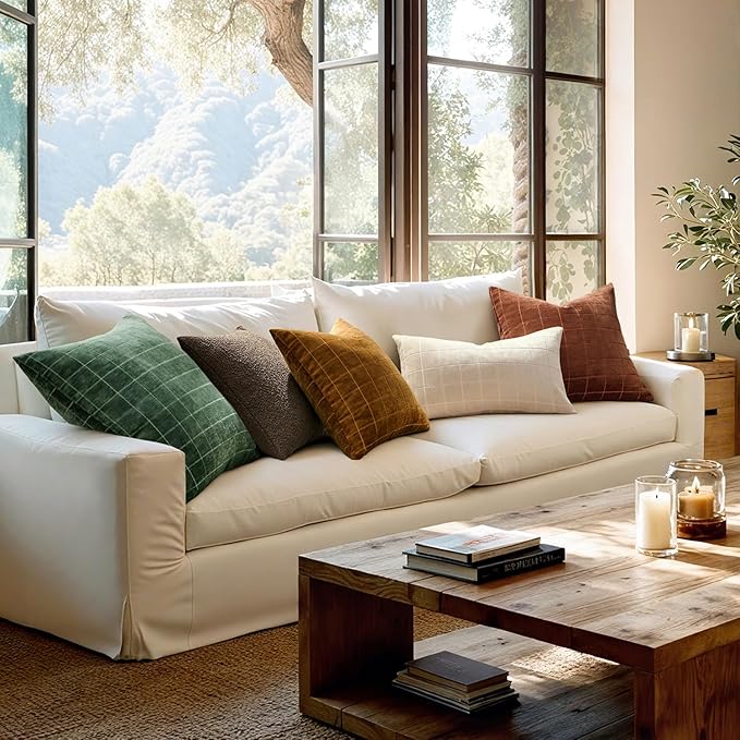 MIULEE Decorative Chenille Check Lumbar Throw Pillow Covers Vintage Plaid Couch Pillows 12x20 Inch Set of 2 Neutral Boho Cushion Covers Modern Spring Home Decor for Sofa Bed Living Room Moss Green
