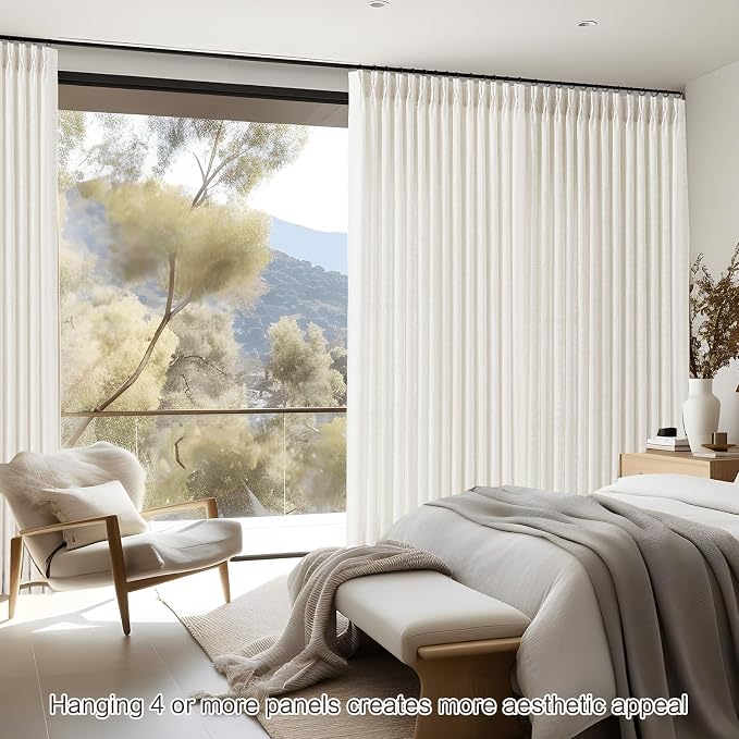 Pinch Pleated Extra Wide Linen Curtains 102 Inch Long for Sliding Glass Door, Beige White Light Filtering Curtain Textured Semi-Sheer Pleat Drapes with Hooks 60 Inch Width for Living Room Farmhouse