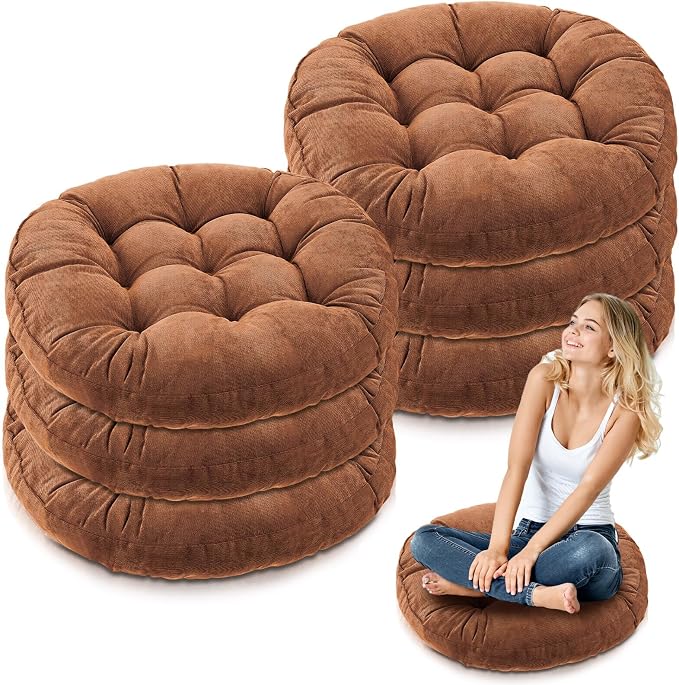 Jerify 6 Pcs Floor Pillow Cushions Large Round Square Large Meditation Floor Pillow for Classroom Adult Meditation Picnic Party Seating Learning Daycare School (Round,Brown)