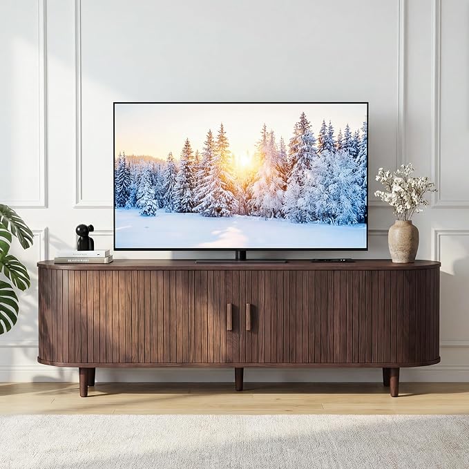 65" Mid Century Modern TV Stand, Wood TV Consoles with Sliding Doors and Power Outlet, Fluted Entertainment Center with Adjustable Shelves, Media Console for Living Room, Walnut