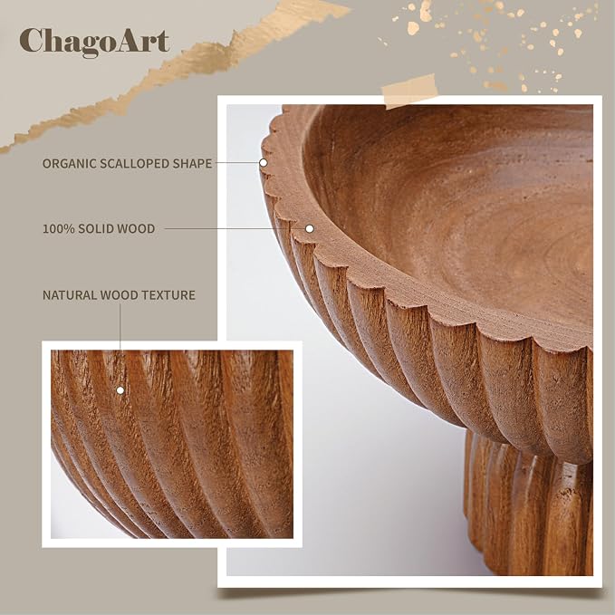 ChagoArt Wooden Fruit Bowl for Kitchen Counter- Large Decorative Bowl for Home Decor Entry Table-Ruffle Fluted Bowl-Scallopedl-Organic Modern Home Decor-Pedestal Footed (Wood Brown)