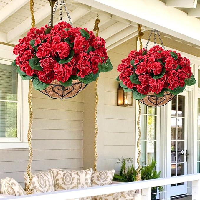 Waipfaru 2 Set Artificial Geraniums for Outdoors with Hanging Baskets, 12 Bundles UV Resistant Artificial Outdoor Plants, Fake Red Flowers for Spring Front Porch Home Patio Balcony Yard Decor