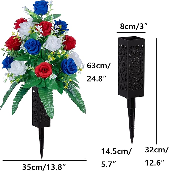 DONODA 2 Sets Artificial Cemetery Flowers， Outdoor Grave Decorations Roses，Accompanied by 2 Long Nail Vases，Lasting and Non-Bleed Colors (18 Heads (red, Blue, White))