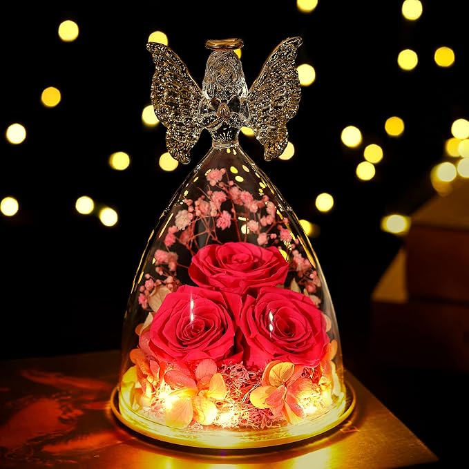 Mothers Day Rose Gifts for Women Preserved Real Flower in Glass Angel Figurines Roses for Delivery Prime Birthday Gifts for Mom Grandma Girlfriend Wife Her - Hot Pink