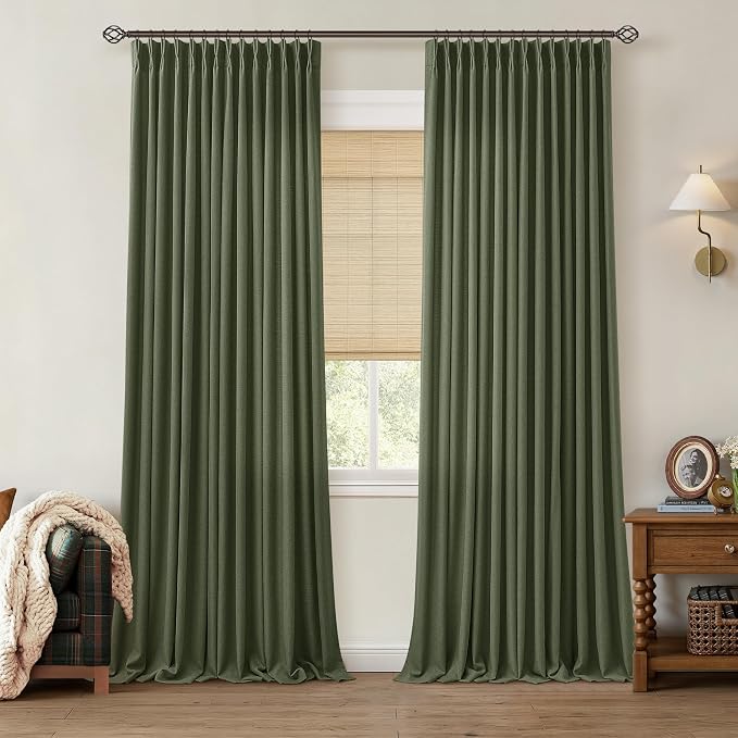 Olive Green Curtains 108 Inches Long 2 Panels Set Pinch Pleated Linen Drapes for Living Room Bedroom Neutral Boho Farmhouse Moody Back Tab Pinch Pleat Light Filtering Sheer Curtains 40x108 Length