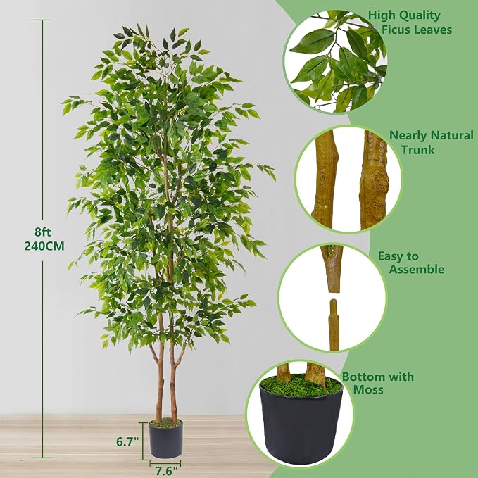 Warmplants 8ft Artificial Ficus Tree, 96” Realistic Ficus Leaves Large Fake Plant with Basket, Indoor Outdoor Potted Faux Tree for Home Garden Office House Livingroom Décor