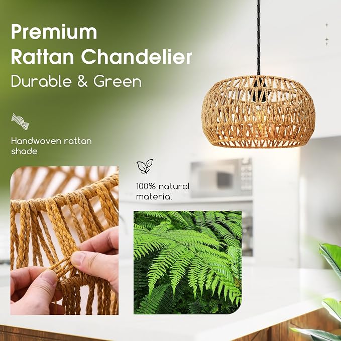 11.8" Rattan Pendant Light, 1-Light Boho Rattan Chandelier Light Fixture, Small Hand Woven Pendant Lighting for Kitchen Island, Living Room, Bedroom, Hallway, Foyer