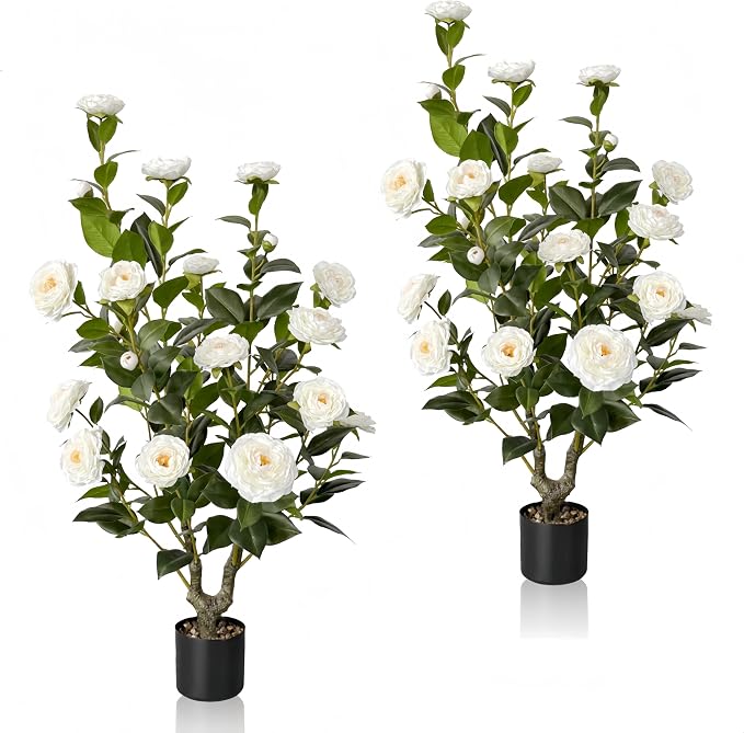 2pcs Artificial Camellia Tree 38 inch, Faux Plants Outdoor Artificial Flowers, White Tree with Planter Pot & 24 Flowers, for Home Indoor or Outdoor Decor