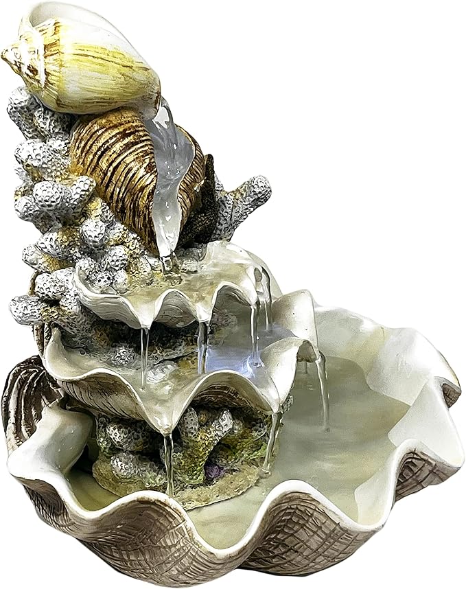 10.5" H Coral Reef Shell Fountain Indoor Fountain with LED Lights and Adjustable Motor Pump (Power Cord Attached) (Resin)