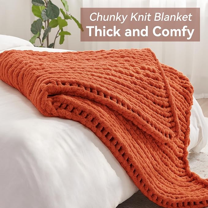 Negwoo Chunky Knit Throw Blanket, 40''*50'' Fall Throw Blanket Knitted Chenille Yarn for Bed Couch, Handmade Orange Crochet Big Thick Blanket, Machine Washable Cute Comfy Blankets for Home Decor