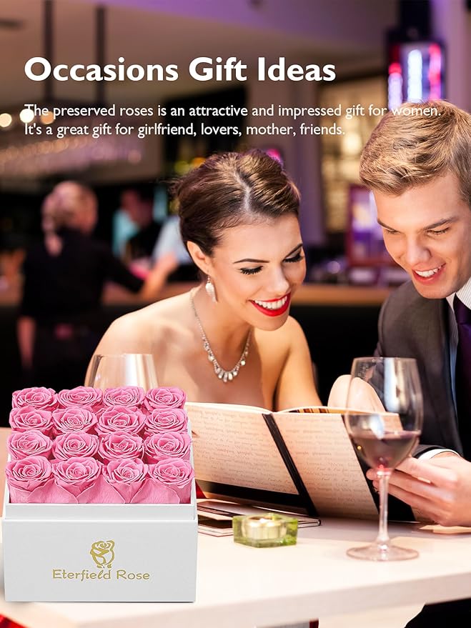Eterfield Forever Flowers Preserved Roses Real Roses that Last Over a Year Rose Box Gifts for Her Mothers Day Valentines Day Christmas (Square White Box, 16 Pink Roses)