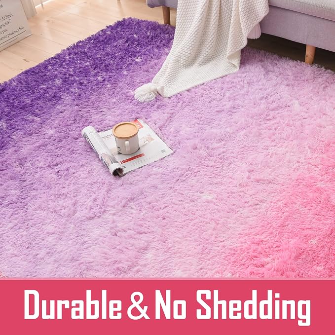 A Nice Night Shaggy Fluffy Faux Fur Area Rug, PinkPurple Tie Dye Star Glitter Printed,Soft, Luxurious Carpet Rugs for Nursery Rug, Bedroom, Living Room,5'x7'