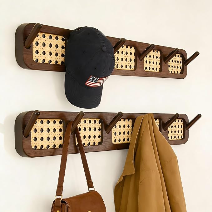 Coat Rack Wall Mount, Rattan Coat Hooks Hanger Wall Mounted | Wall Mount, For Hanging Clothes Hats Bags Jacket Towels Plants Rack Rail