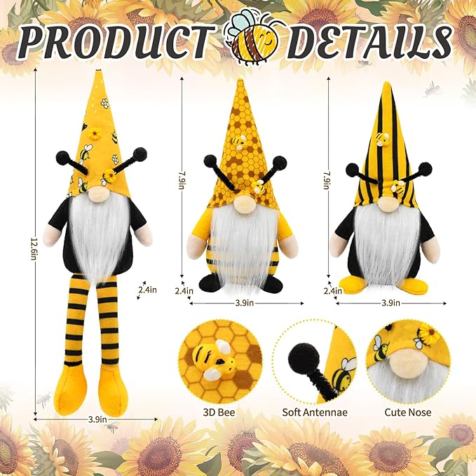 Bumble Bee Gnomes Spring Decor, 3Pcs Rustic Farmhouse Decor Indoor for Home Office Party Spring Gnomes Table Decorations, Summer Honey Bee Themed Gifts