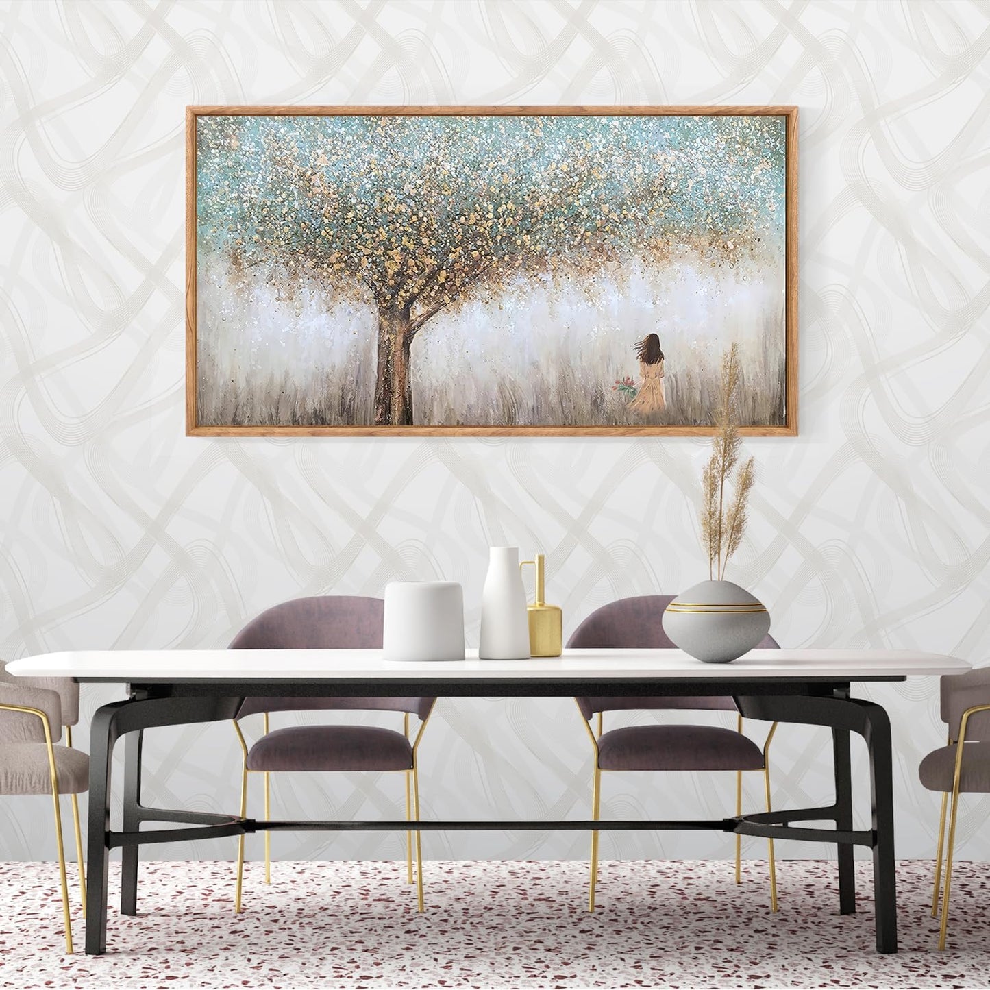 Aurlan Tree of Life Hand Painted Framed Wall Decor(40"x20"), Large Abstract Girl under Tree Oil Painting Canvas Artwork, Modern Nature Landscape Art for Office Living Room Bedroom