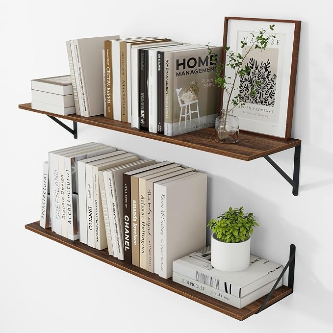 Vivelove 8 Inch Deep Floating Shelves for Wall, 36W x 8D Wood Wall Shelves Set of 2, Walnut Wide Floating Bookshelf for Living Room, Kitchen, Office, Bedroom, with Black Metal Bracke - Walnut
