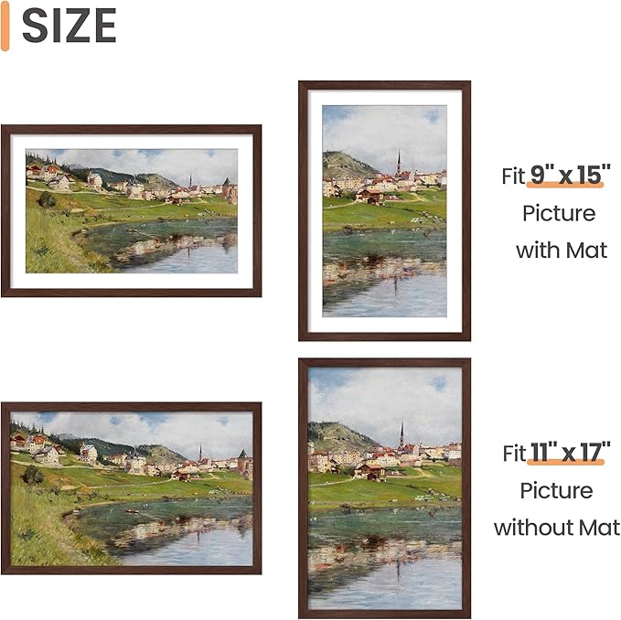 upsimples 11x17 Picture Frame, Display Pictures 9x15 with Mat or 11 x 17 Without, Wall Hanging Poster Frames, Brown, 1 Pack