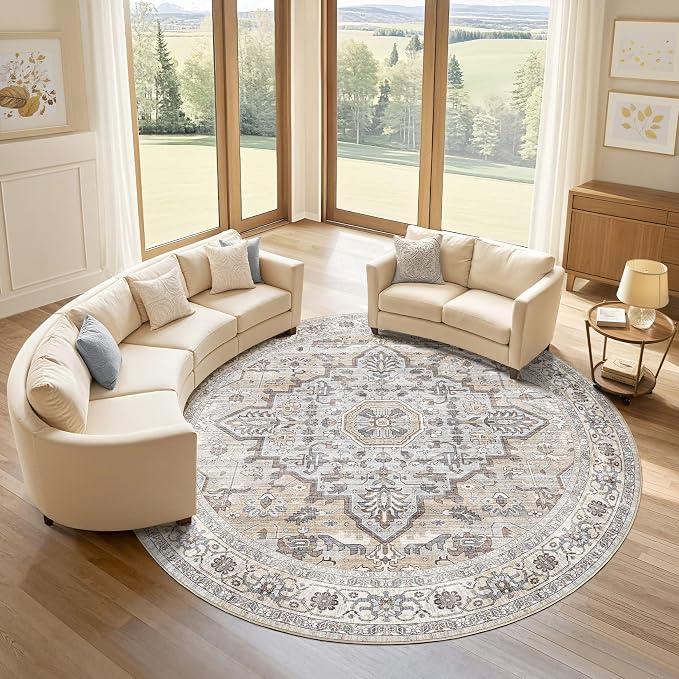 Round Rug Living Room Rugs: 7x7 Washable Boho Neutral Large Circle Soft Indoor Distressed Stain Resistant Floor Farmhouse Carpet for Bedroom Nursery Kids Playroom Office Dining Room Dorm- Cream Gray