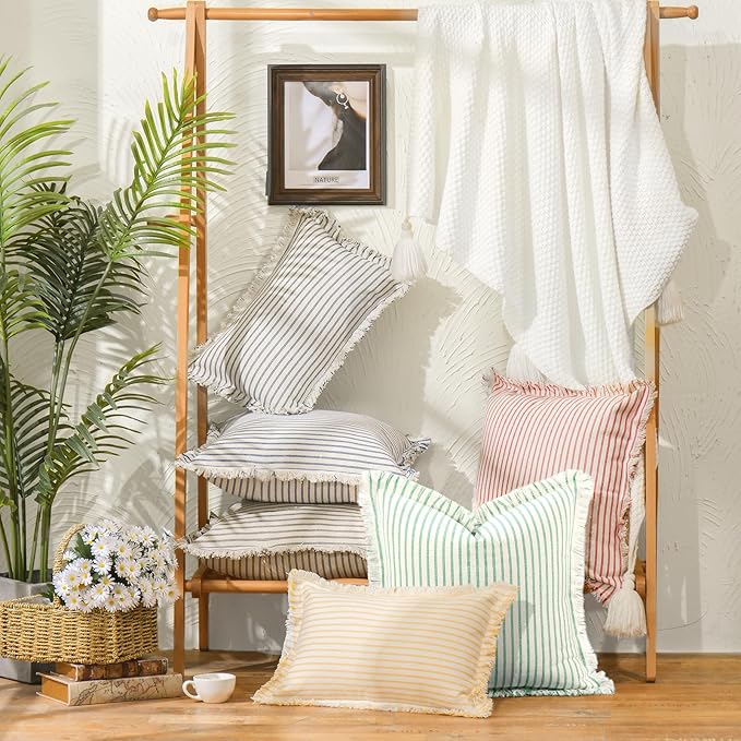 ZWJD Throw Pillow Covers 18x18 Set of 2 Green Striped Pillow Covers with Fringe Chic Cotton Decorative Pillows Square Cushion Covers for Sofa Couch Bed Living Room Farmhouse Spring Decor