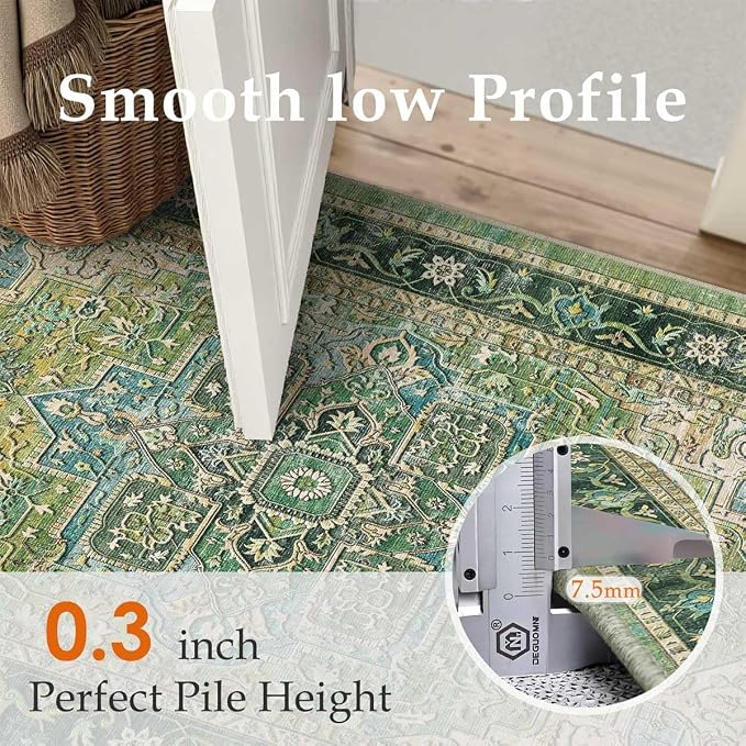9x12 Washable Vintage Area Rug Green Oriental Living Room Bedroom Throw Rug Neutral Non Slip Soft Low Pile Carpet for Dining Room Office Nursery Indoor
