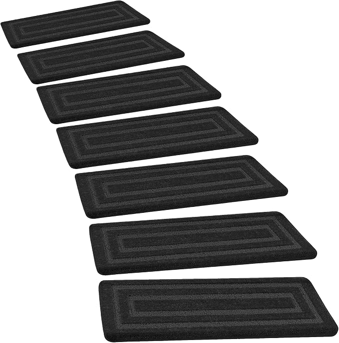 PURE ERA Bullnose Carpet Stair Treads Tape Free Non-Slip Indoor Stair Protectors Pet Friendly Stair Treads for Wooden Steps 9.5" x 30"(7 Pieces,Black Rectangular)