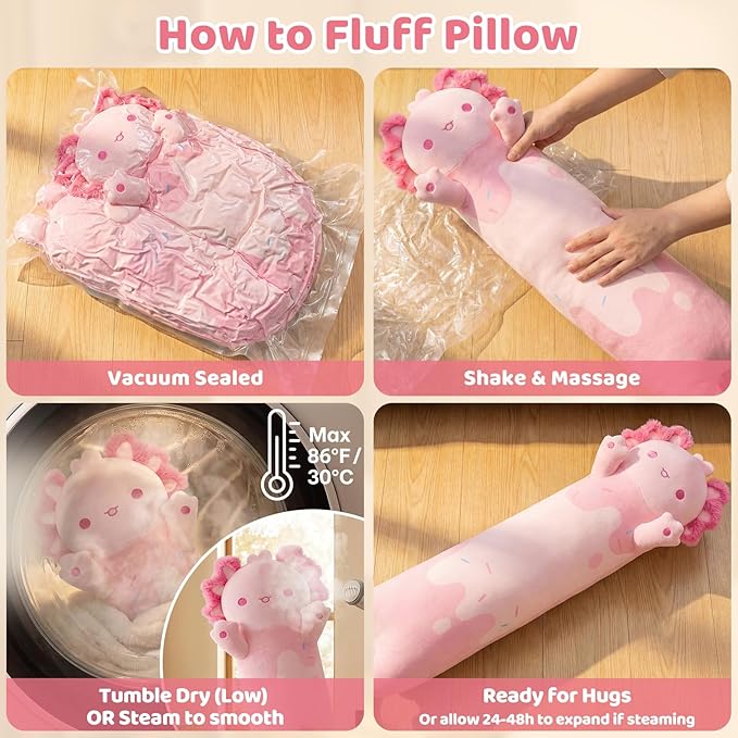 Mewaii Long Axolotl Plush 5 Sizes, 120% Extra Filling Giant Plushness Kids Body Pillow, Kawaii Cute Pink Axolotl Stuffed Animals Plushies, Big Long Body Pillow Cat Plush Gift for Girls 20”