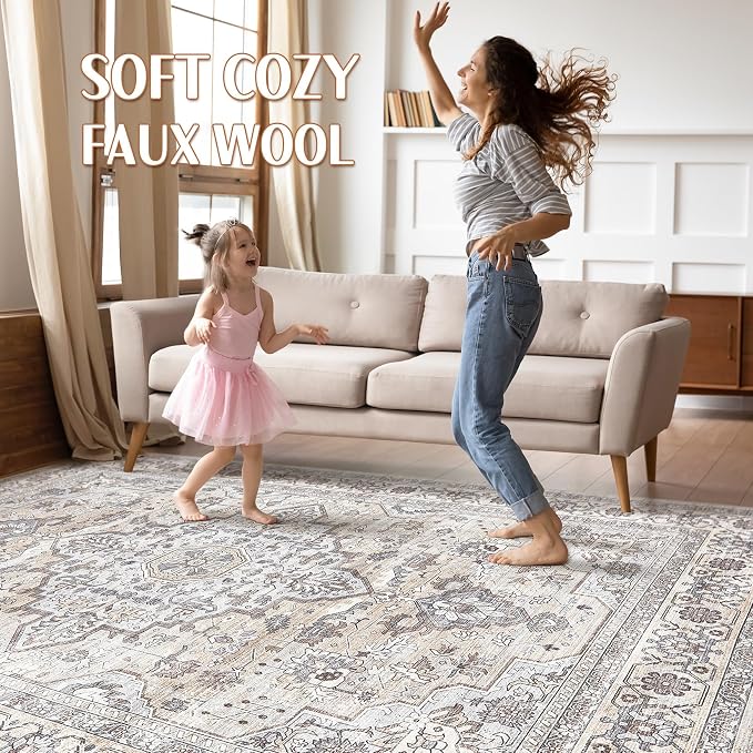 10x13 Area Rugs Living Room: Washable Boho Large Neutral Vintage Soft Rug Stain Resistant Farmhouse Non Slip Indoor Floor Carpet for Bedroom Nursery Kids Playroom Office Dining Room- Cream Grey