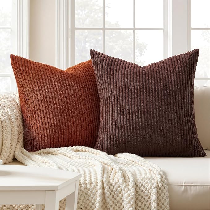 Topfinel Set of 4 Soft Farmhouse Corduroy Striped Decorative Cushion Cover Boho Throw Pillow Covers 22x22 Inch Beige Brown Gradient Rustic Pillow Case for Sofa Couch Living Room Bedroom