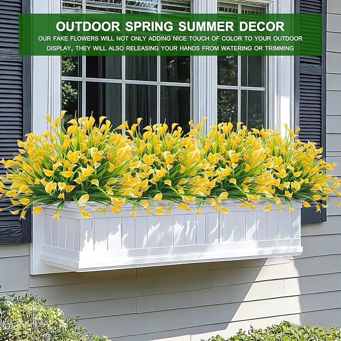 TURNMEON 12 Bundles Calla Lily (240 Heads) Artificial Flowers for Outdoors, Fake Plants UV Resistant Faux Plastic Fake Flowers for Indoor Planter Home Porch Yards Spring Summer Cemetery Decor(Yellow)