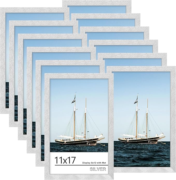 Picrit 11x17 Picture Frame Set of 12, Display 8x12 with Mat or 11x17 without Mat, Photo Frames for Wall Mounting Display, Silver