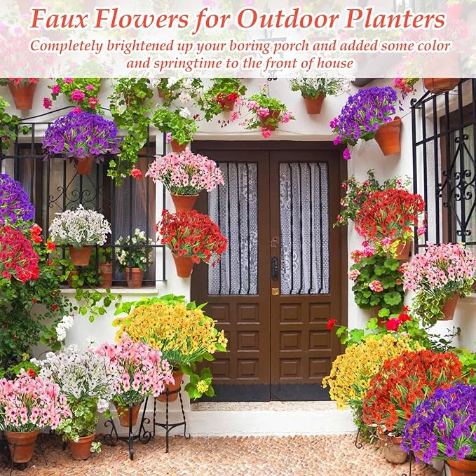 32 Bundles Artificial Flowers for Outdoors, UV Resistant Realistic Fake Silk Violet Flowers with Plastic Faux Plants Bulk for Outside Garden Yard Porch Patio Pots Window Boxes Hanging Planters Decor