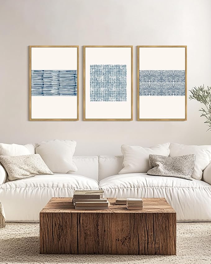 PHOPAGO Blue Abstract Framed Wall Art Large 24x36in Modern Boho Neutral Line Wall Decor Bohemain Minimalist Geometric Artwork Home Decor - Natural Framed