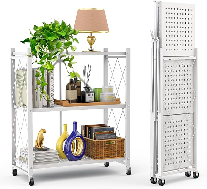 Our Modern Space 3-Tier Foldable Storage Shelf with Wheels | Metal Rack Collapsible Shelving Display | Rolling Cart for Books Kitchen Storage Shelves | Pantry & Closet Organizer | Office Room Decor