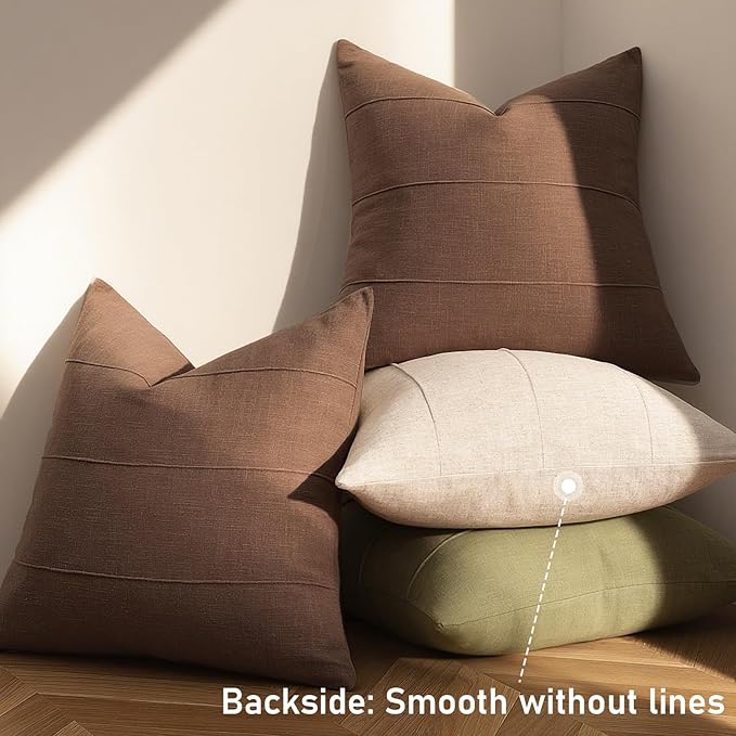 ZWJD Decorative Linen Throw Pillow Covers 20x20 Set of 2 Solid Handcrafted Striped Cushion Covers for Bed Soft Modern Farmhouse Neutral Pillowcase for Couch Bedroom Living Room Home Decor(Brown)
