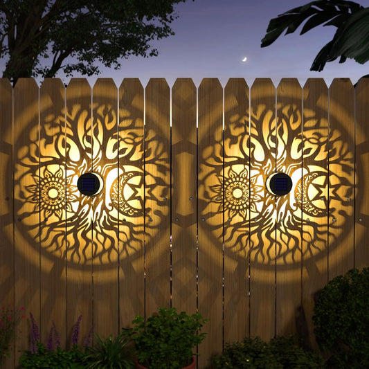 4 Pack Solar Fence Lights Metal Solar Powered Outdoor Wall Deck Step Lights Tree Theme Waterproof Fence Light for Garden Post Patio Backyard Yard Decor (Tree, 4 Pack)