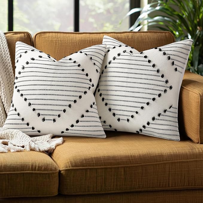 Mecatny Boho Summer Outdoor Throw Pillow Covers 18X18 Set of 2, Farmhouse Decorative Pillow Covers for Couch Sofa Living Room, Grey & Cream White