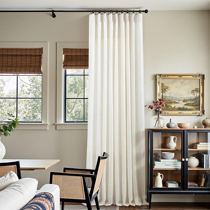 Extra Wide Pinch Pleat Curtains 84 Inches Long for Large Window Patio Sliding Glass Door Natural Cream Linen 60 Inch Wide Curtain Semi Sheer Pleated Drapes Ivory Back Tab Curtain 60x84 Length 2 Panels