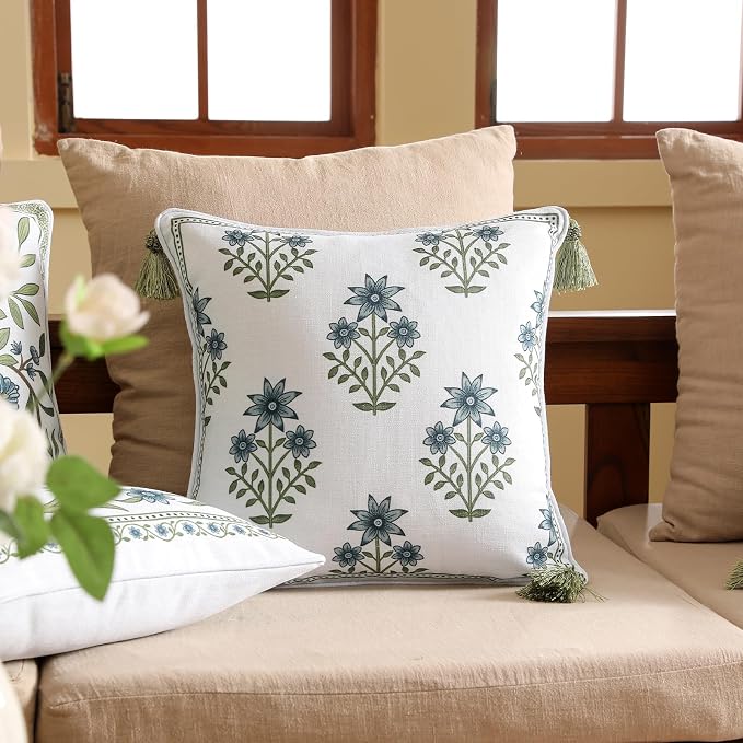 ISAENNE Designer Vintage Linen Throw Pillow Cover,18"x18"-Mosella B | French Elegant Square Decor Pillow Cover,Concealed Zipper Design,Floral Pattern,Sofa,Bedroom,Living Room,Lounge Chairs