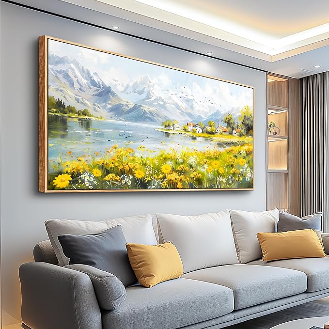 XIGUANGART Oversized Wall Art, Floral Wall Decor, Framed Wall Art, Landscape Mountain Art Prints, Spring Wildflowers Cottage Paintings for Living Room Dining Room Farmhouse Office Hotel 30"x60"