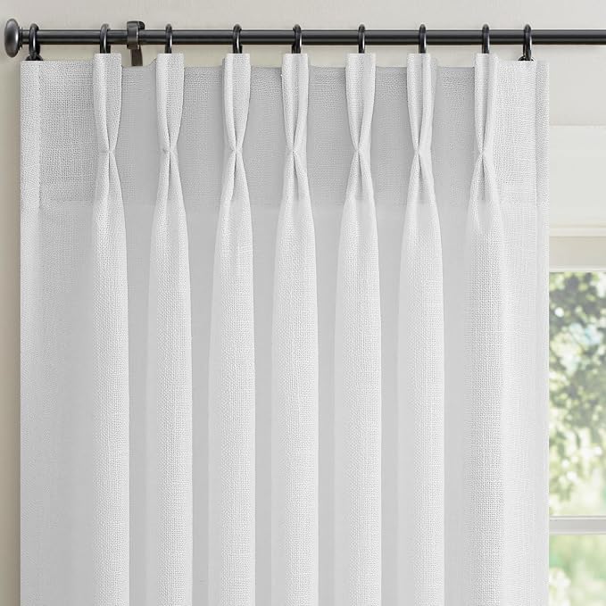 94 Inches Long White Beige Pinch Pleated Linen Curtains for Living Room 2 Panels Set Neutral Ivory Memory Pleat Drapes Back Tab Light Filtering Boho Ceiling Floor Window Curtains Natural Birch