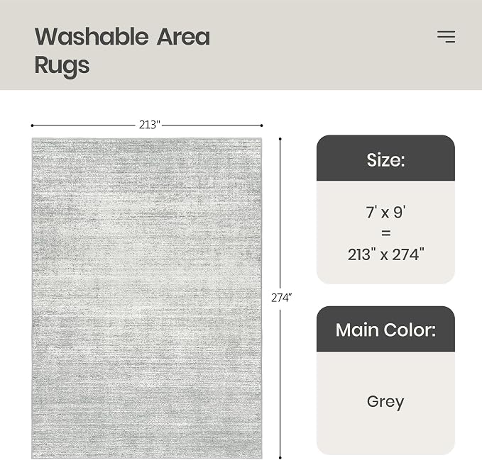 Valenrug Washable Rugs 7x9 - Stain Resistant 7x9 Area Rugs for Living Room, Non Slip Backing Printed Rugs for Bedroom, Folable Machine Washable Area Rug (7'x9', Grey)