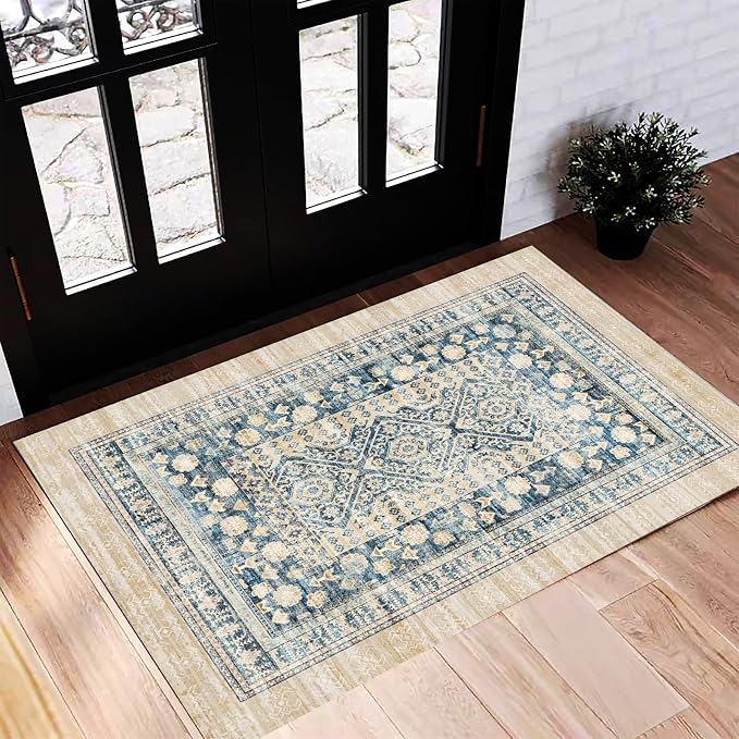 CHAMPLANT Washable Area Rug 2'x3' Door Mat Vintage Distressed Doormat Indoor Entrance Traditional Thin Rug Floral Print Non Slip Carpet for Kitchen Bathroom Bedroom Living Room