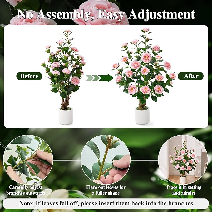 2 Pack 38" Artificial Camellia Tree, Artificial Plants Outdoor Faux Plants in Pot, Artificial Flower for Outdoors Front Porch Decor, Fake Tree Plant Faux Flowers for Indoor Outdoor Home Decor, Pink