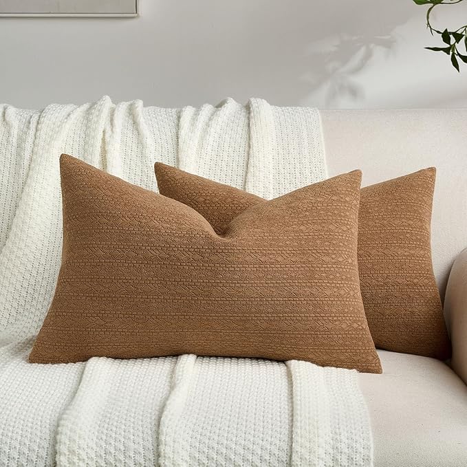 FUTEI Tobacco Chenille Throw Pillow Covers 12x20 Inch Set of 2,Soft Striped & Diamond Textured Lumbar Pillow Cases,Modern Home Decor for Couch Living Room