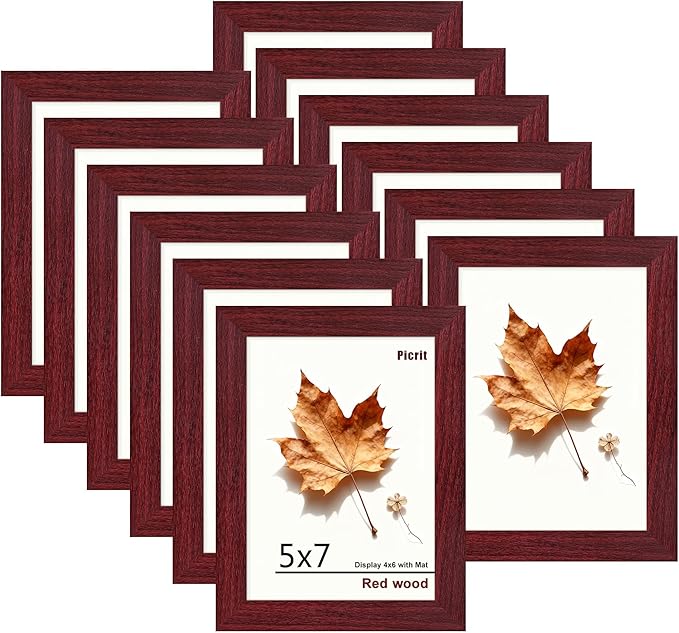 Picrit 5x7 Picture Frame Set of 12, Display 4x6 with Mat or 5x7 without Mat, Photo Frames for Wall Mounting or Table Top Display, Dark Red Wood