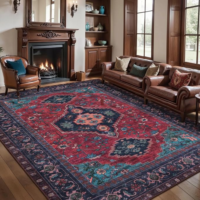 Tangsoo 5x7 Area Rug Washable Rug for Living Room, Vintage Indoor Non Slip Large Area Rugs, Print Distressed Carpet, Soft Low Pile Foldable Floor Rug for Bedroom Dining Room Dorm Burgundy/Navy